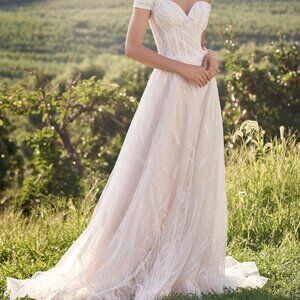 NWT Lillian West 66145 Off The Shoulder A-Line Dress with Allover Beaded Lace